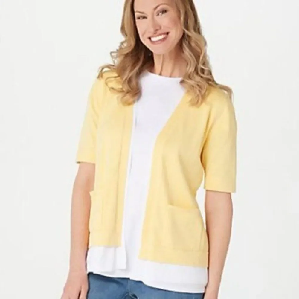 NWOT Isaac Mizrahi Live! Elbow Sleeve Layered Cardigan with Pockets Sz S